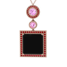 Toprak Kolye - Siyah zirkon, pembe kuvars ve garnet 925 ayar rose altın kaplama gümüş kolye (40 cm rose altın rolo zincir) #hbsshk