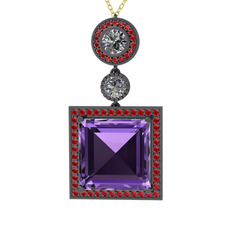 Toprak Kolye - Ametist, beyaz zirkon ve garnet 925 ayar siyah rodyum kaplama gümüş kolye (40 cm altın rolo zincir) #heusuc