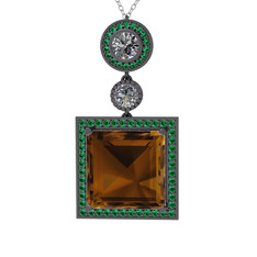 Toprak Kolye - Dumanlı kuvars, beyaz zirkon ve yeşil kuvars 925 ayar siyah rodyum kaplama gümüş kolye (40 cm gümüş rolo zincir) #hl0uyh