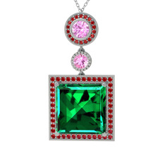 Toprak Kolye - Yeşil kuvars, pembe kuvars ve garnet 14 ayar beyaz altın kolye (40 cm beyaz altın rolo zincir) #i8y2n8