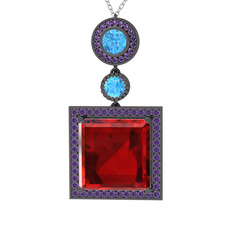 Garnet, akuamarin ve ametist 925 ayar siyah rodyum kaplama gümüş kolye (40 cm beyaz altın rolo zincir)