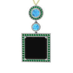 Toprak Kolye - Siyah zirkon, akuamarin ve yeşil kuvars 925 ayar gümüş kolye (40 cm altın rolo zincir) #j4gbke