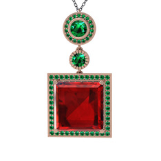 Garnet ve yeşil kuvars 14 ayar rose altın kolye (40 cm gümüş rolo zincir)