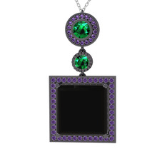 Siyah zirkon, yeşil kuvars ve ametist 925 ayar siyah rodyum kaplama gümüş kolye (40 cm beyaz altın rolo zincir)