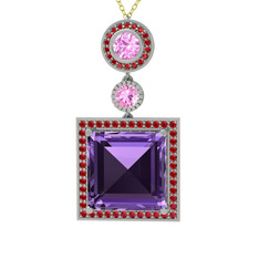 Toprak Kolye - Ametist, pembe kuvars ve garnet 14 ayar beyaz altın kolye (40 cm altın rolo zincir) #je1tox