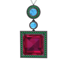 Rodolit garnet, akuamarin ve yeşil kuvars 925 ayar siyah rodyum kaplama gümüş kolye (40 cm gümüş rolo zincir)