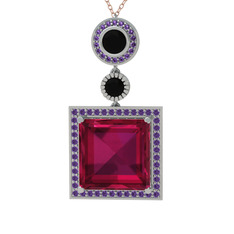 Rodolit garnet, siyah zirkon ve ametist 925 ayar gümüş kolye (40 cm rose altın rolo zincir)