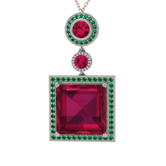 Rodolit garnet ve yeşil kuvars 14 ayar beyaz altın kolye (40 cm rose altın rolo zincir)