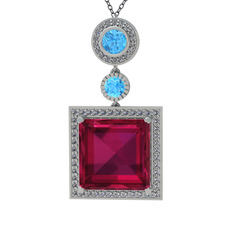 Toprak Kolye - Rodolit garnet, akuamarin ve beyaz zirkon 8 ayar beyaz altın kolye (40 cm gümüş rolo zincir) #k2o9x4