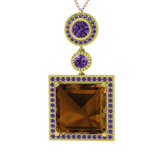 Dumanlı kuvars ve ametist 14 ayar altın kolye (40 cm rose altın rolo zincir)