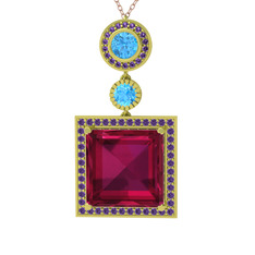 Rodolit garnet, akuamarin ve ametist 14 ayar altın kolye (40 cm rose altın rolo zincir)