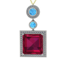 Rodolit garnet, akuamarin ve beyaz zirkon 14 ayar beyaz altın kolye (40 cm gümüş rolo zincir)