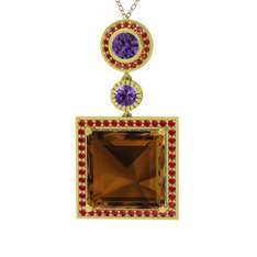 Toprak Kolye - Dumanlı kuvars, ametist ve garnet 8 ayar altın kolye (40 cm rose altın rolo zincir) #kx9o4q