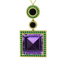 Toprak Kolye - Ametist, siyah zirkon ve yeşil kuvars 8 ayar altın kolye (40 cm altın rolo zincir) #ky6nt1