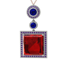 Garnet, lab safir ve ametist 925 ayar gümüş kolye (40 cm rose altın rolo zincir)
