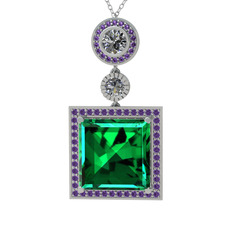Toprak Kolye - Yeşil kuvars, beyaz zirkon ve ametist 14 ayar beyaz altın kolye (40 cm gümüş rolo zincir) #lvl6ze