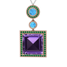 Ametist, akuamarin ve yeşil kuvars 14 ayar rose altın kolye (40 cm gümüş rolo zincir)