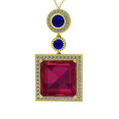 Rodolit garnet, lab safir ve beyaz zirkon 14 ayar altın kolye (40 cm gümüş rolo zincir)