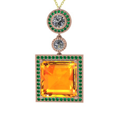 Sitrin, beyaz zirkon ve yeşil kuvars 18 ayar rose altın kolye (40 cm altın rolo zincir)