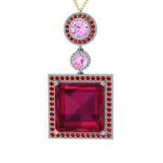 Toprak Kolye - Rodolit garnet, pembe kuvars ve garnet 8 ayar beyaz altın kolye (40 cm altın rolo zincir) #njrgkm