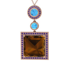 Toprak Kolye - Dumanlı kuvars, akuamarin ve ametist 14 ayar rose altın kolye (40 cm rose altın rolo zincir) #ocgs94