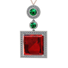 Garnet, yeşil kuvars ve beyaz zirkon 8 ayar beyaz altın kolye (40 cm gümüş rolo zincir)