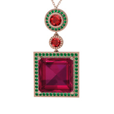 Rodolit garnet, garnet ve yeşil kuvars 14 ayar rose altın kolye (40 cm rose altın rolo zincir)