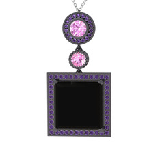 Toprak Kolye - Siyah zirkon, pembe kuvars ve ametist 925 ayar siyah rodyum kaplama gümüş kolye (40 cm gümüş rolo zincir) #orlryp