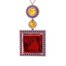 Garnet, sitrin ve ametist 8 ayar rose altın kolye (40 cm gümüş rolo zincir)