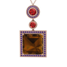 Dumanlı kuvars, garnet ve ametist 14 ayar rose altın kolye (40 cm rose altın rolo zincir)