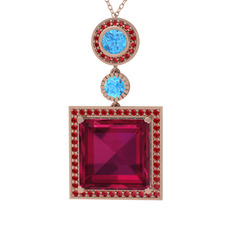 Rodolit garnet, akuamarin ve garnet 14 ayar rose altın kolye (40 cm rose altın rolo zincir)