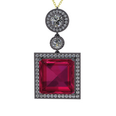 Rodolit garnet ve beyaz zirkon 925 ayar siyah rodyum kaplama gümüş kolye (40 cm altın rolo zincir)