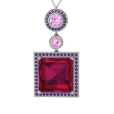 Rodolit garnet, pembe kuvars ve ametist 14 ayar beyaz altın kolye (40 cm beyaz altın rolo zincir)