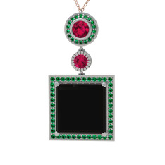 Siyah zirkon, rodolit garnet ve yeşil kuvars 14 ayar beyaz altın kolye (40 cm rose altın rolo zincir)