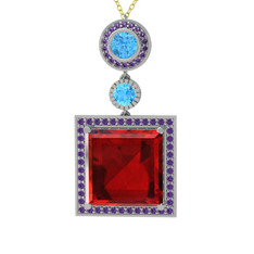 Garnet, akuamarin ve ametist 8 ayar beyaz altın kolye (40 cm gümüş rolo zincir)