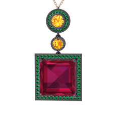 Toprak Kolye - Rodolit garnet, sitrin ve yeşil kuvars 925 ayar siyah rodyum kaplama gümüş kolye (40 cm rose altın rolo zincir) #rs4c04