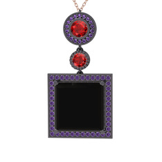Toprak Kolye - Siyah zirkon, garnet ve ametist 925 ayar siyah rodyum kaplama gümüş kolye (40 cm rose altın rolo zincir) #sk2vw5