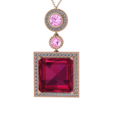 Rodolit garnet, pembe kuvars ve beyaz zirkon 925 ayar rose altın kaplama gümüş kolye (40 cm rose altın rolo zincir)