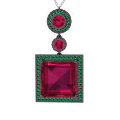 Toprak Kolye - Rodolit garnet ve yeşil kuvars 925 ayar siyah rodyum kaplama gümüş kolye (40 cm beyaz altın rolo zincir) #t0sgpc