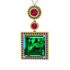 Toprak Kolye - Yeşil kuvars, rodolit garnet ve ametist 14 ayar altın kolye (40 cm rose altın rolo zincir) #t5z9ht