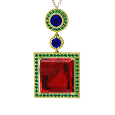 Garnet, lab safir ve yeşil kuvars 14 ayar altın kolye (40 cm rose altın rolo zincir)