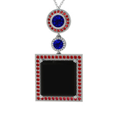 Siyah zirkon, lab safir ve garnet 925 ayar gümüş kolye (40 cm gümüş rolo zincir)