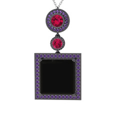 Toprak Kolye - Siyah zirkon, rodolit garnet ve ametist 925 ayar siyah rodyum kaplama gümüş kolye (40 cm beyaz altın rolo zincir) #tvh56j