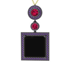 Toprak Kolye - Siyah zirkon, rodolit garnet ve ametist 925 ayar siyah rodyum kaplama gümüş kolye (40 cm altın rolo zincir) #u6izqa