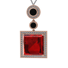 Garnet, siyah zirkon ve beyaz zirkon 8 ayar rose altın kolye (40 cm gümüş rolo zincir)