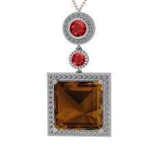Dumanlı kuvars, garnet ve beyaz zirkon 8 ayar beyaz altın kolye (40 cm rose altın rolo zincir)