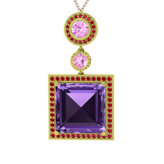 Ametist, pembe kuvars ve garnet 14 ayar altın kolye (40 cm rose altın rolo zincir)