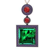 Toprak Kolye - Yeşil kuvars, garnet ve ametist 925 ayar siyah rodyum kaplama gümüş kolye (40 cm rose altın rolo zincir) #uw0t50