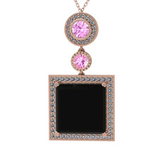 Siyah zirkon, pembe kuvars ve beyaz zirkon 14 ayar rose altın kolye (40 cm rose altın rolo zincir)