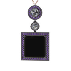 Toprak Kolye - Siyah zirkon, beyaz zirkon ve ametist 925 ayar siyah rodyum kaplama gümüş kolye (40 cm gümüş rolo zincir) #we9rpv